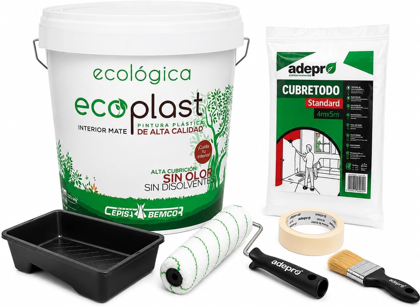 CEPLAST Kit Pintura Ecológica Interior 4L – Certificado Ecolabel, Sin Olor y Baja Emisión, Incluye Rodillo, Cubeta y Accesorios – Pintura Blanca Mate para Hogar Saludable