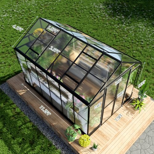 HOWE 8x12x7.5 FT Polycarbonate Greenhouse Double Swing Doors 4 Vents 5.2FT Added Wall Height, Walk-in Large Aluminum Greenhouse Winter Sunroom Greenhouse for Outdoors, Black