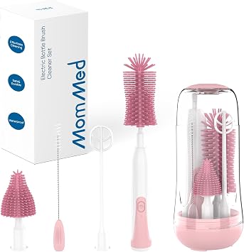MomMed Electric Bottle Brush, Electric Baby Bottle Brush Set with Silicone Bottle/Pacifier/Straw Brush and Mixing Head, Waterproof Bottle Cleaner Brush with Drying Rack, 2 Modes & 360 Rotation