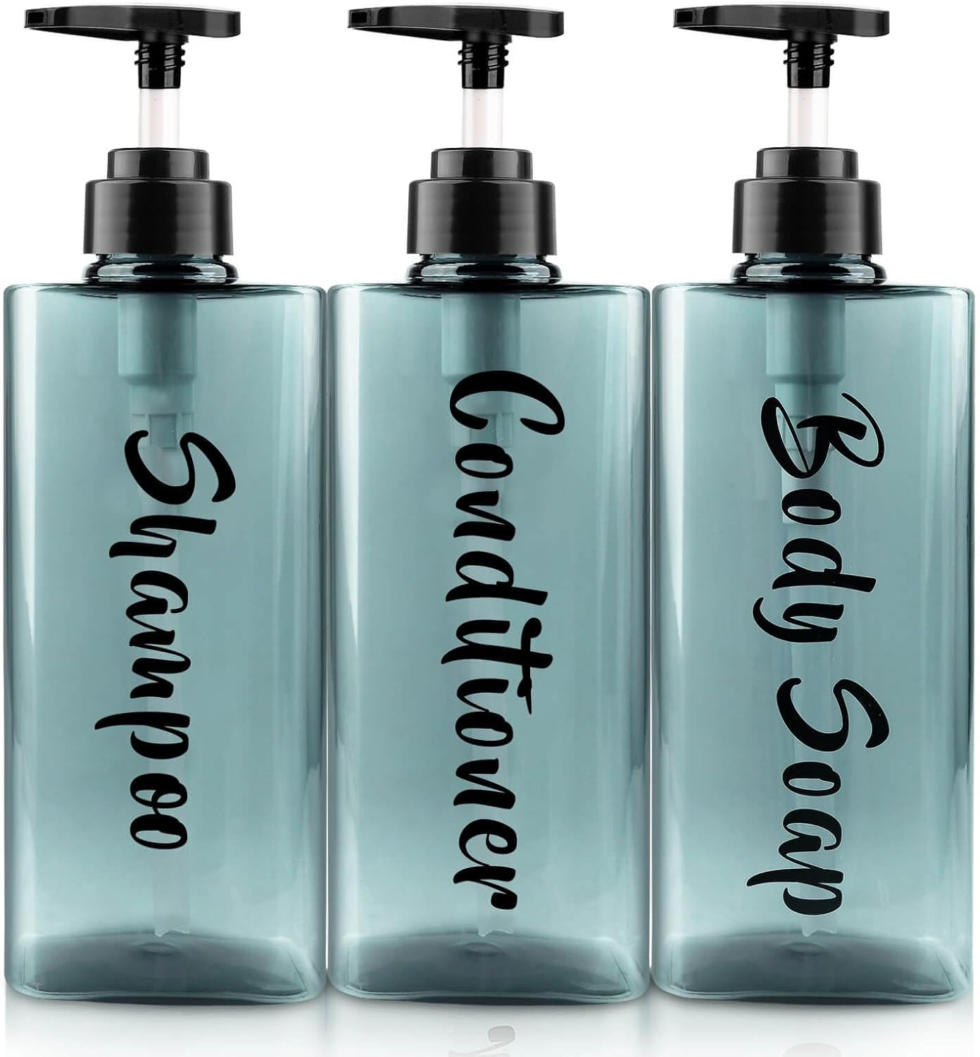 16.9oz Shampoo Dispenser for Shower (3 Pack) - Refillable Shampoo and Conditioner Bottles with Pump, Empty Clear Blue Plastic Body Wash Container Set, Printed Shower Soap Dispensers for Bathroom