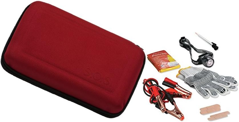 CLD Brands Vehicle Emergency Kit - FREE 2 Pack Reflective Safety Triangles - Bonus Survival Skills Guide - Jumper Cables, LED Headlamp, Working Gloves, Rain Poncho, Tire Pressure Guage, Bandaids