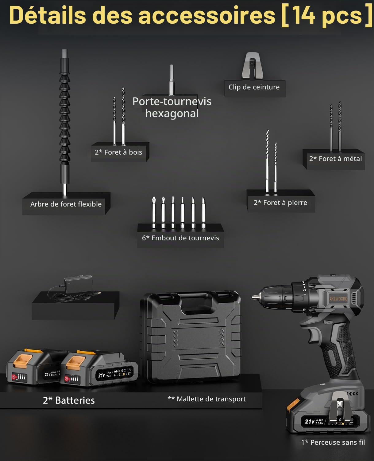 Perceuse Visseuse Sans Fil 21V, Brushless Visseuse Devisseuse avec 2 Batteries 2.0Ah, 45N.m Percussion, 20+1 Réglages de Couple, 14 Accessoires, 2 Vitesses, pour la Bricolage, Gris