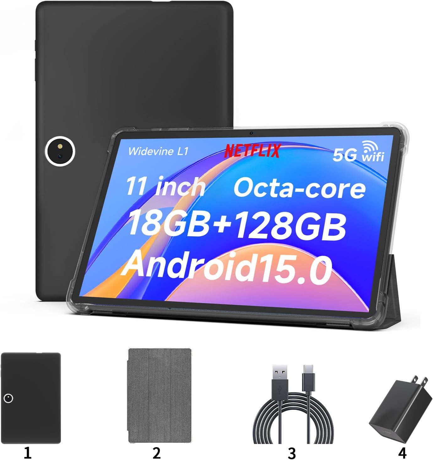11 tommer tablet, 18 GB RAM, 128 GB lagerplads, Android 15, 1 TB udvidelig, 13 MP kamera, octa-core, 5G Wifi, 8000mAh batteri, IPS HD touchscreen