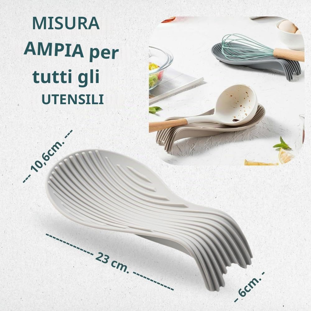 Poggia Cucchiai da Cucina – Poggiamestolo in Silicone Set da 2 Grigio e Beige – Resistente al Calore, Antiscivolo e Antigoccia – Supporto per Cucchiai – Spoon Rest