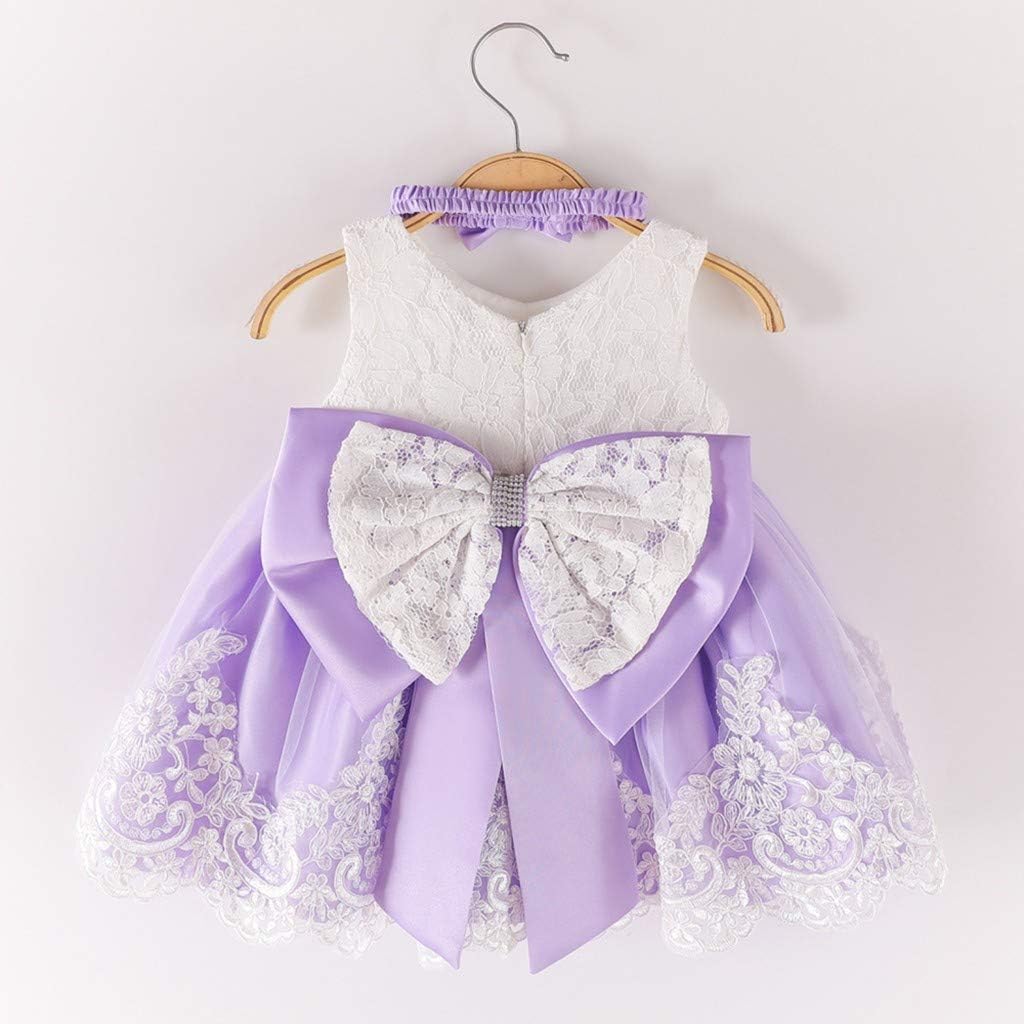 Formal Tutu Bowknot Princess Wedding Baby Clothes Lace Dress+Headband Girls Set Baby Holiday (Purple, 0-3 Months)