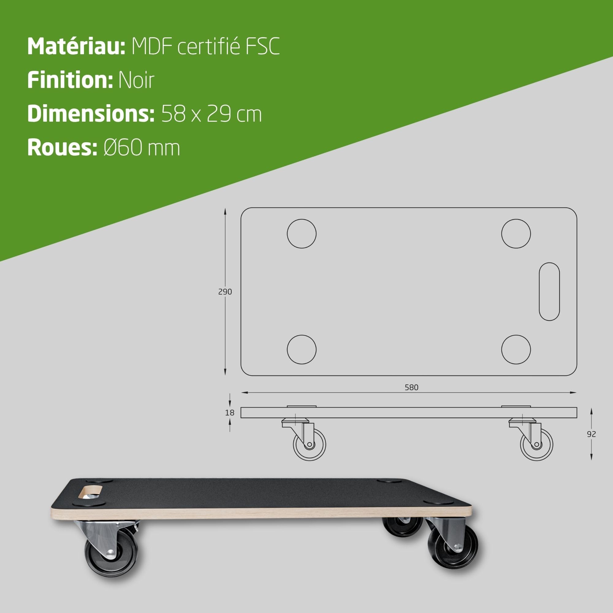 Amig - Plateforme de Charge avec Roues | Support Roulant Rectangulaire | 4 Tapis antidérapants | 58 x 29 cm | Charge Max.: 200 kg | 4 Roues: 2 avec Frein | MDF | Certifié FSC | Noir