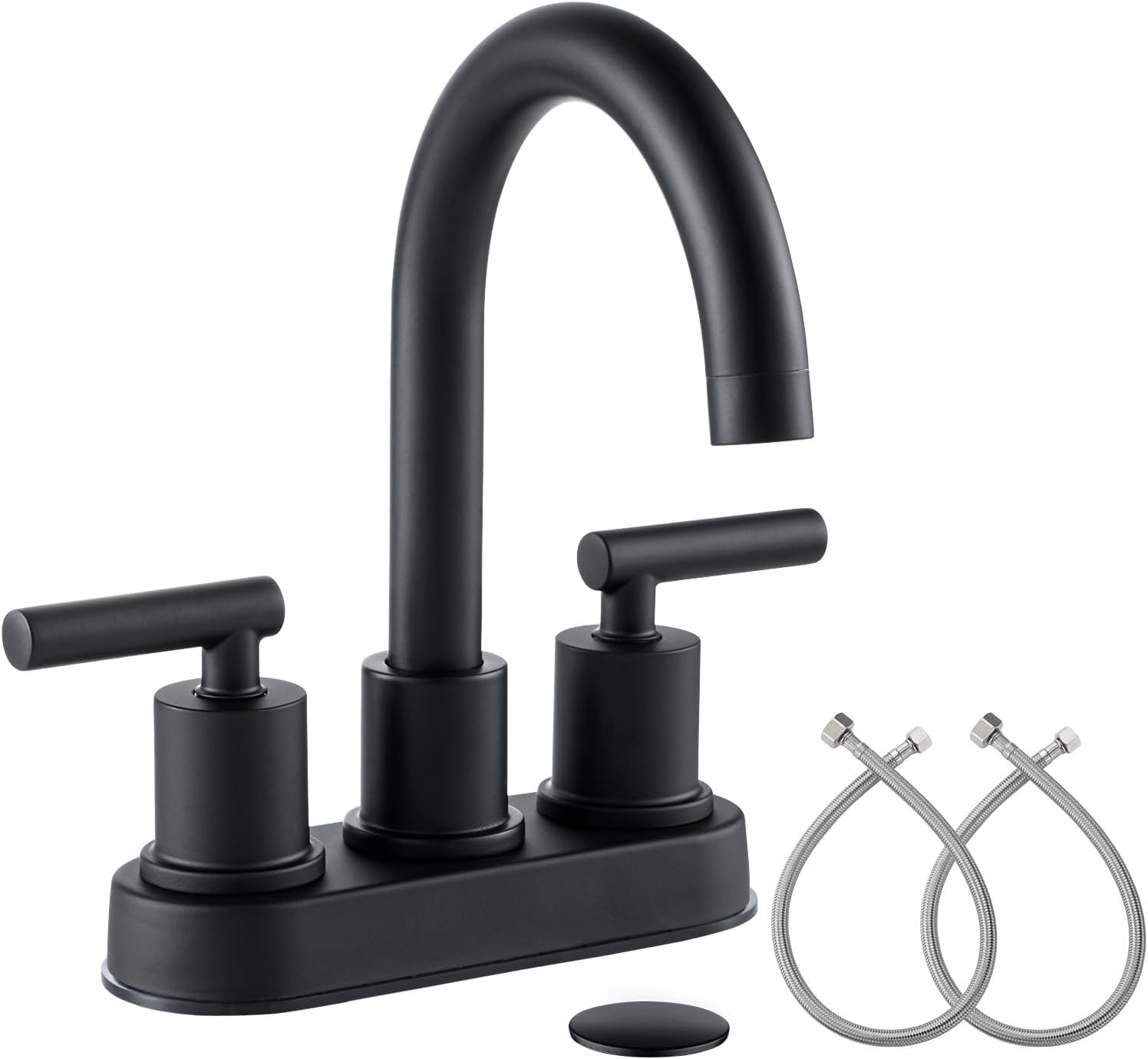 VXV Bathroom Sink Faucet 4 Inch 2 Handle Centerset Utility Lavatory Vanity Modern 360 Rotating Black Water Faucet with Pop-up Drain Stopper Assembly and Supply Lines Fits 2 Hole