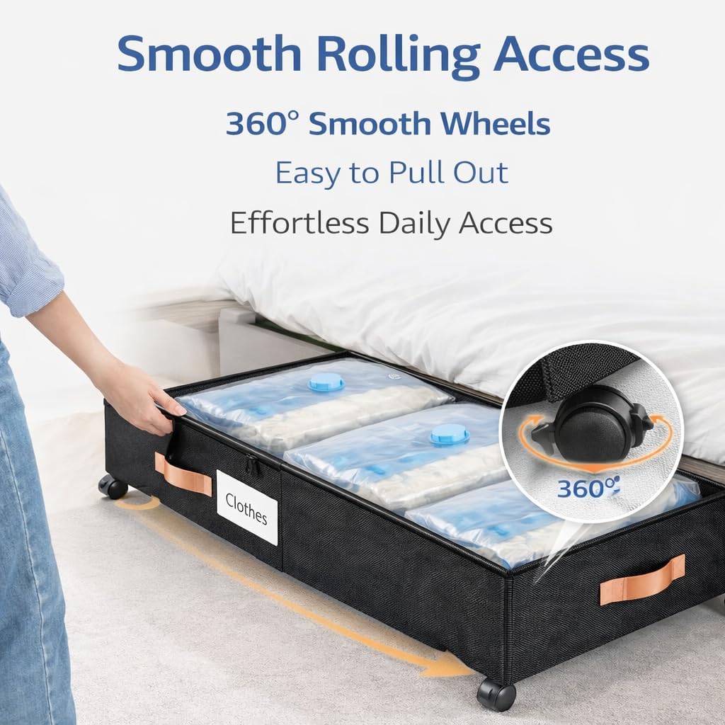 Under Bed Storage with Wheels, Under Bed Storage with Dividers, 66L Rolling Organizer with Clear Lid and 3 Compression Bags for Clothes, Blankets, Bedding and Shoes