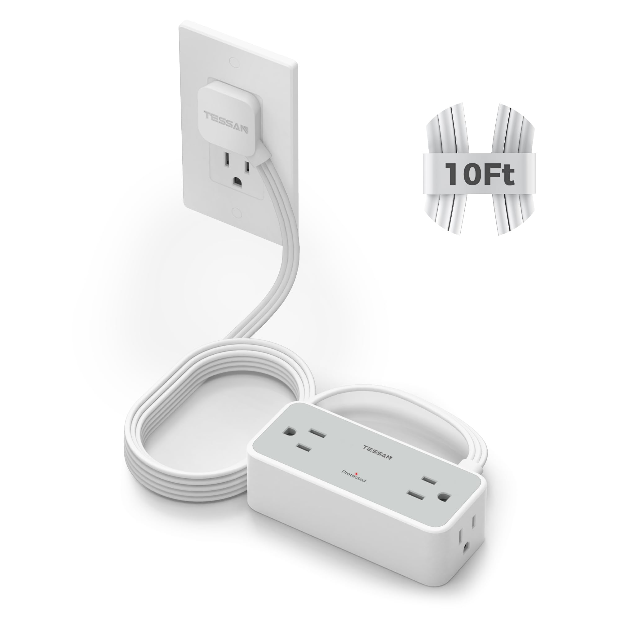 TESSAN Flat Plug Extension Cord 10 FT, Surge Protector Power Strip with 4 AC Outlets, 900 Joules Protection, Multiple Wall Outlet Extender Suitable for Office Dorm, Grey 10 FT (No USB) Gray