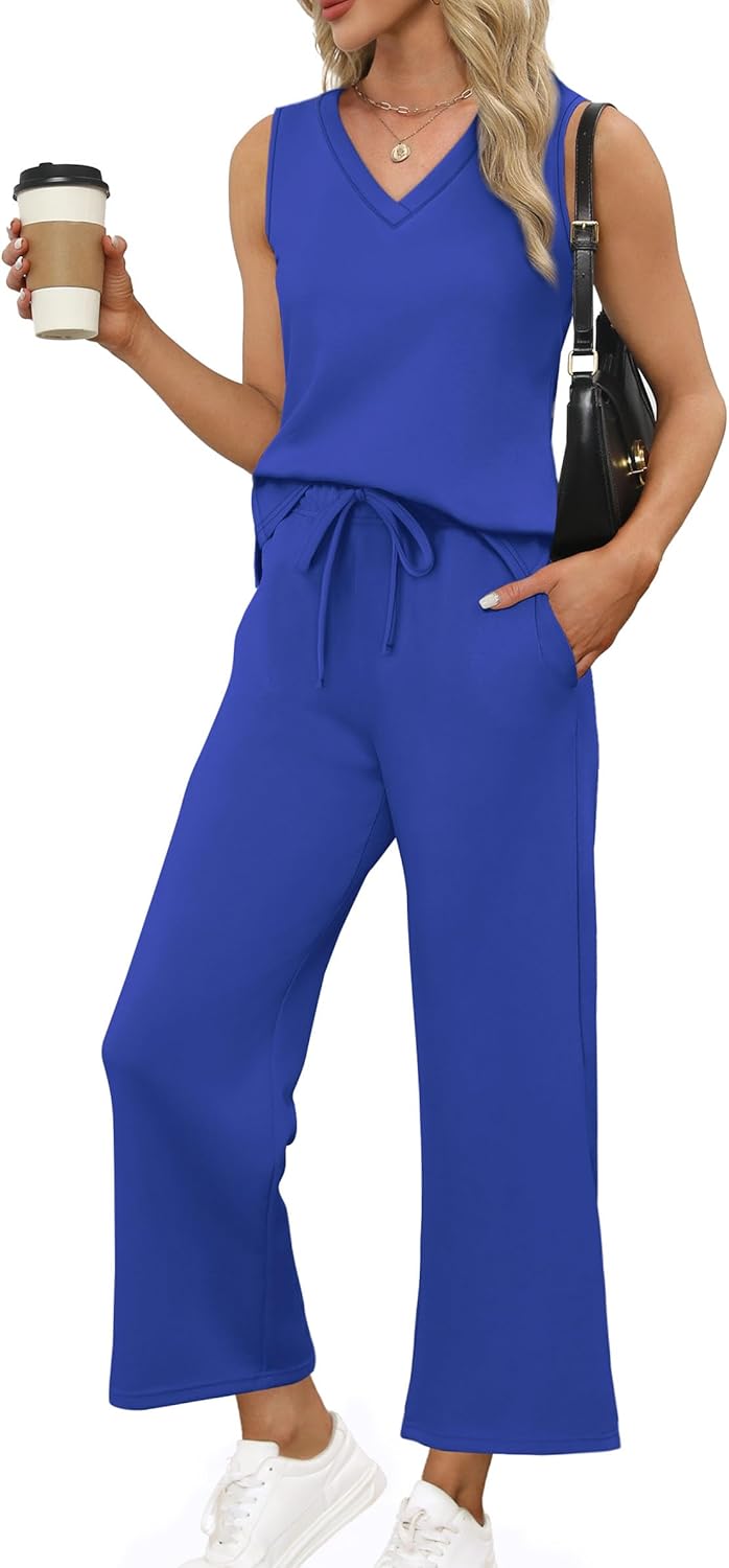 XIEERDUO Two Piece Sets for Women Summer Vacation Travel Outfits V Neck Lounge Matching Sets