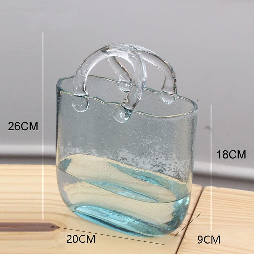 Candora Bag Glass Vases for Decor Creative Bubble Handbag Flower Vase Desktop Glass Basket Vase Mini Crystal Fish Tank for Table Centerpieces, Kitchen, Office Living Room (Blue)