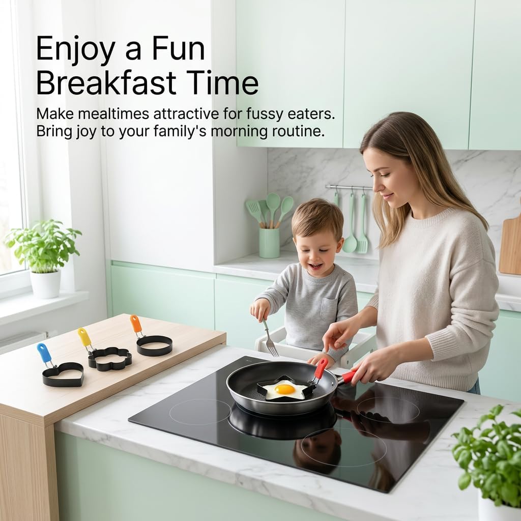 Heart Egg Rings 4 Pcs, Stainless Steel Egg Molds with Heat-Resistant Handle