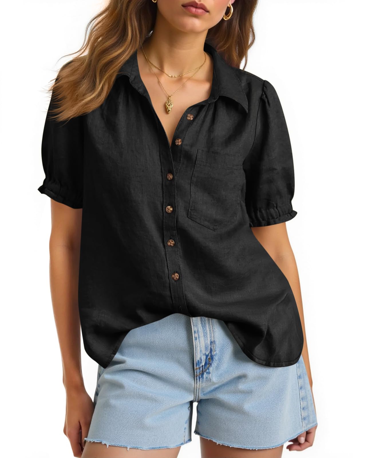 Womens Puff Sleeve V Neck Blouses Tops Linen Button Down Shirts
