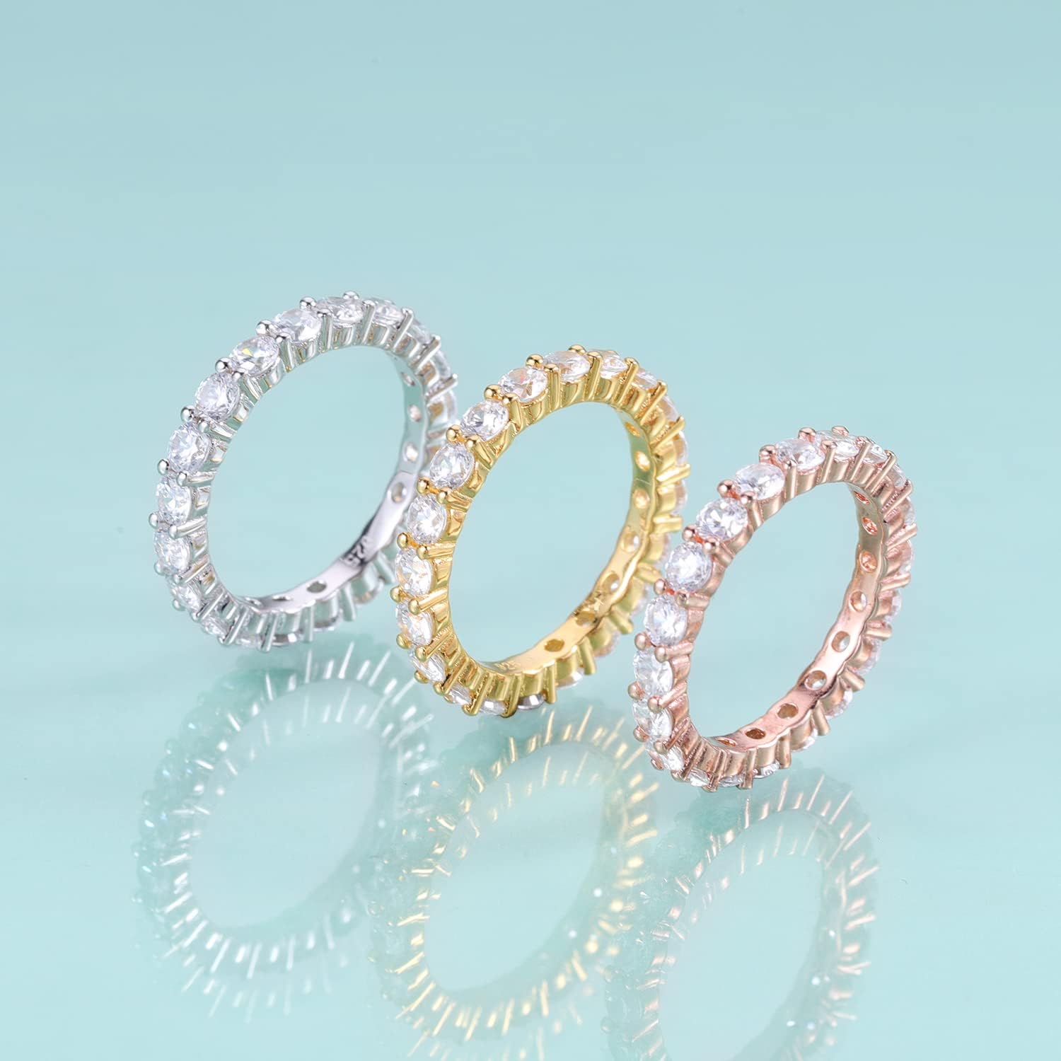 Gem's Beauty 3mm 14K Gold plated Wedding Band 925 Sterling Silver Moissanite Eternity Wedding Bands Stackable Engagement Rings Bridal Ring (Size 5-10)