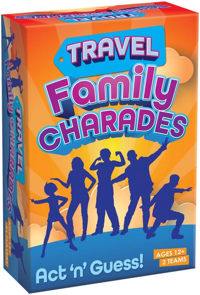 Cheatwell Games Travel Family Charades - Miming Games - Kids & Adults - 84 Cards, Timer, Board, Counters, Rules