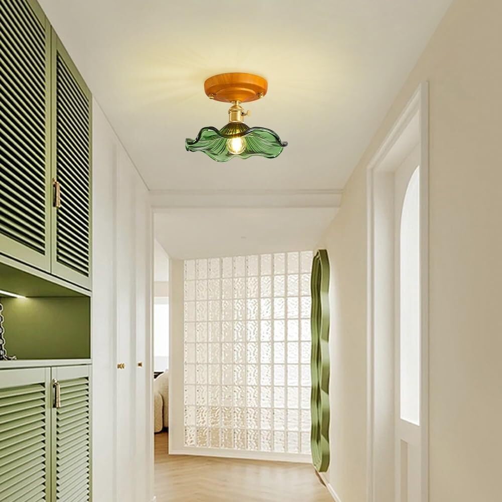 Semi Flush Mount Ceiling Light, Hallway Vintage Lights Fixture Ceiling with Solid Wood Base, Glass Ceiling Light Fixtures for Porch Corridor Kitchen Bedroom French Style Small Ceiling Lamp