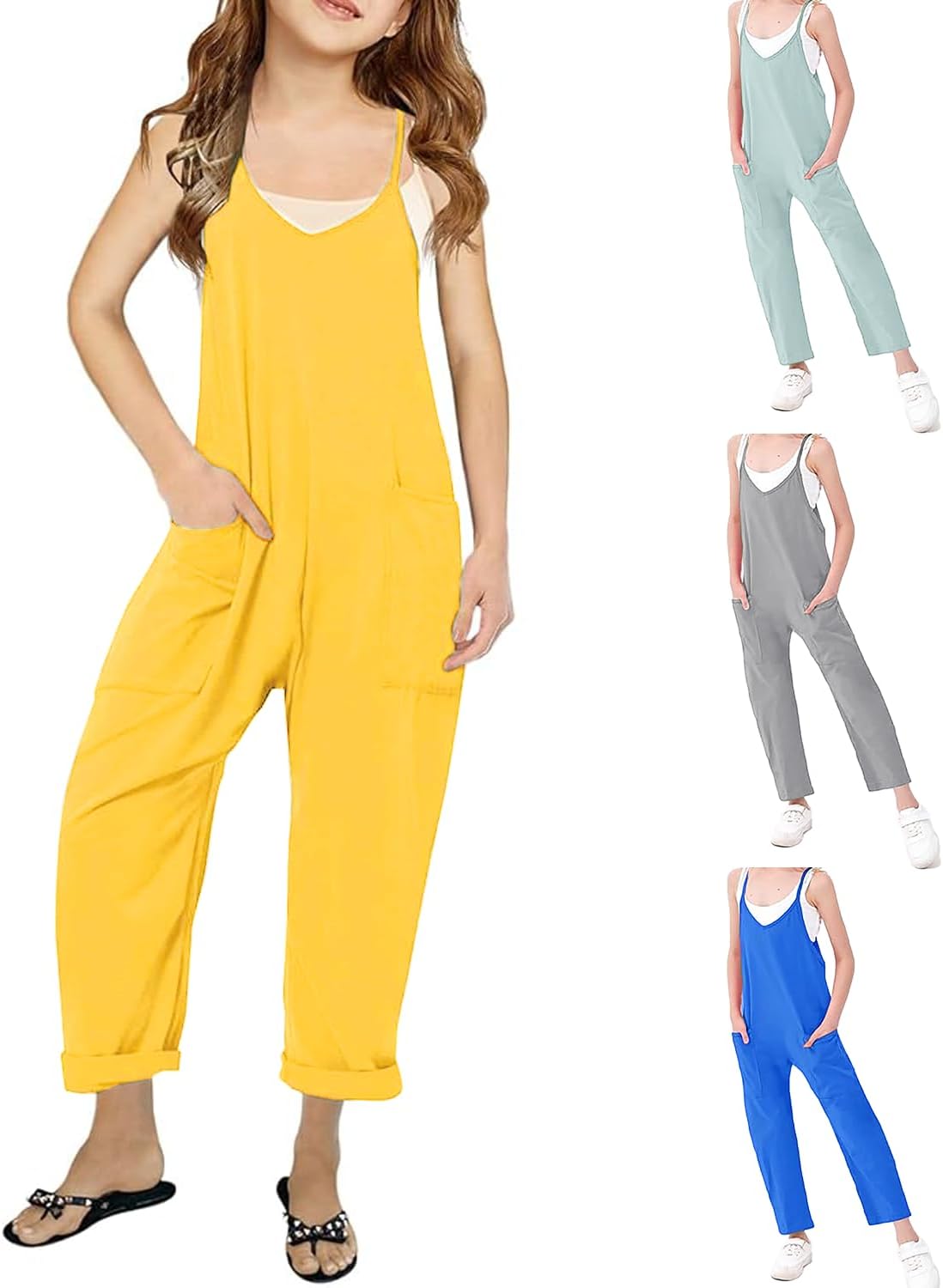 UK loees Jumpsuits for Girls Kids Casual Sleeveless Jumpsuits Spaghetti Strap Romper Long Pants with Pockets