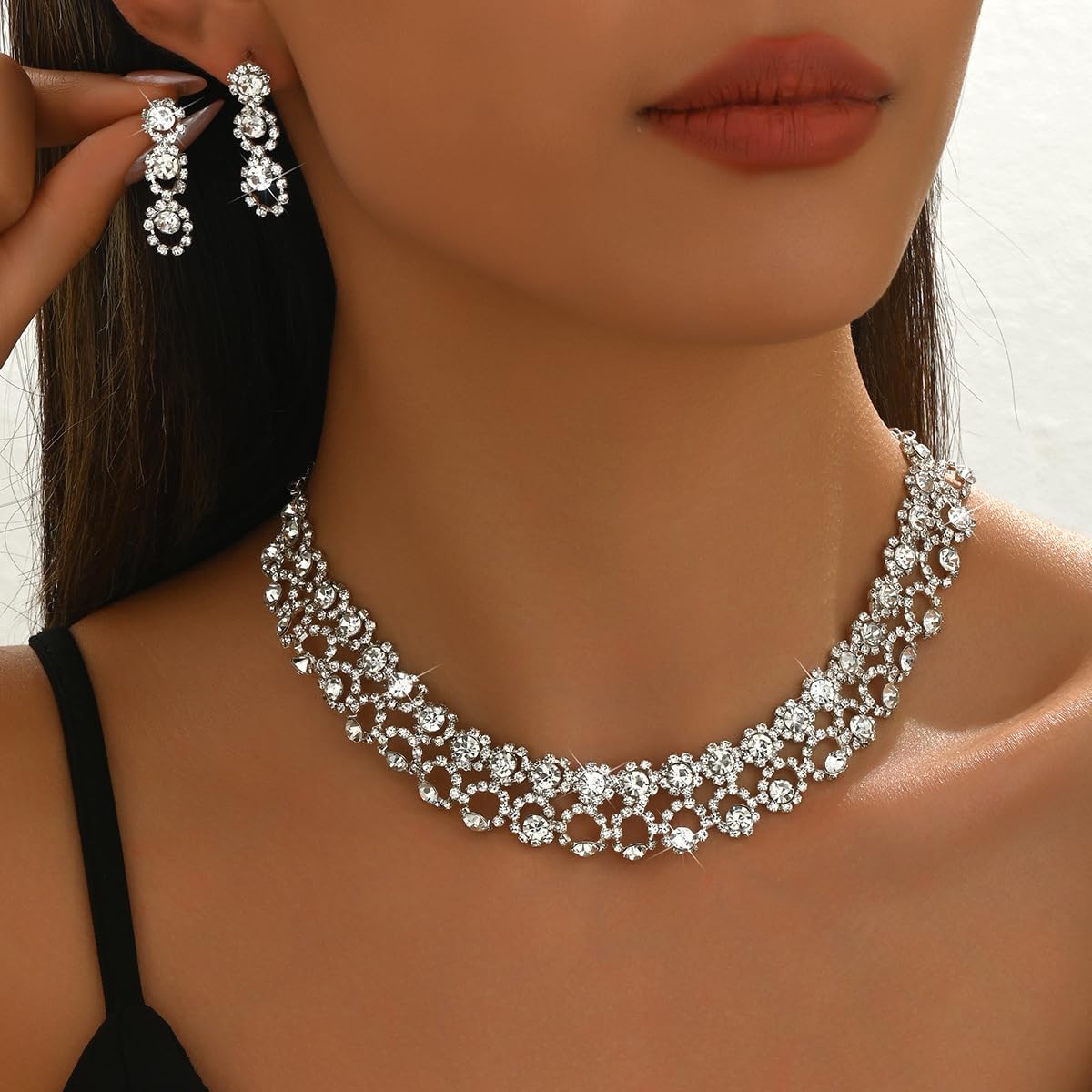 Kercisbeauty Sparkle Rhinestones Beads Choker Necklace with Earrings for Wedding Brides Women Special Occasion Jewelry Collar Bone Necklace with Dangle Drop image 3