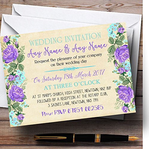 Wedding Invites Vintage Purple & Blue Watercolour Personalised Wedding Invitations with Envelopes - Any Custom Text for Any Occasion