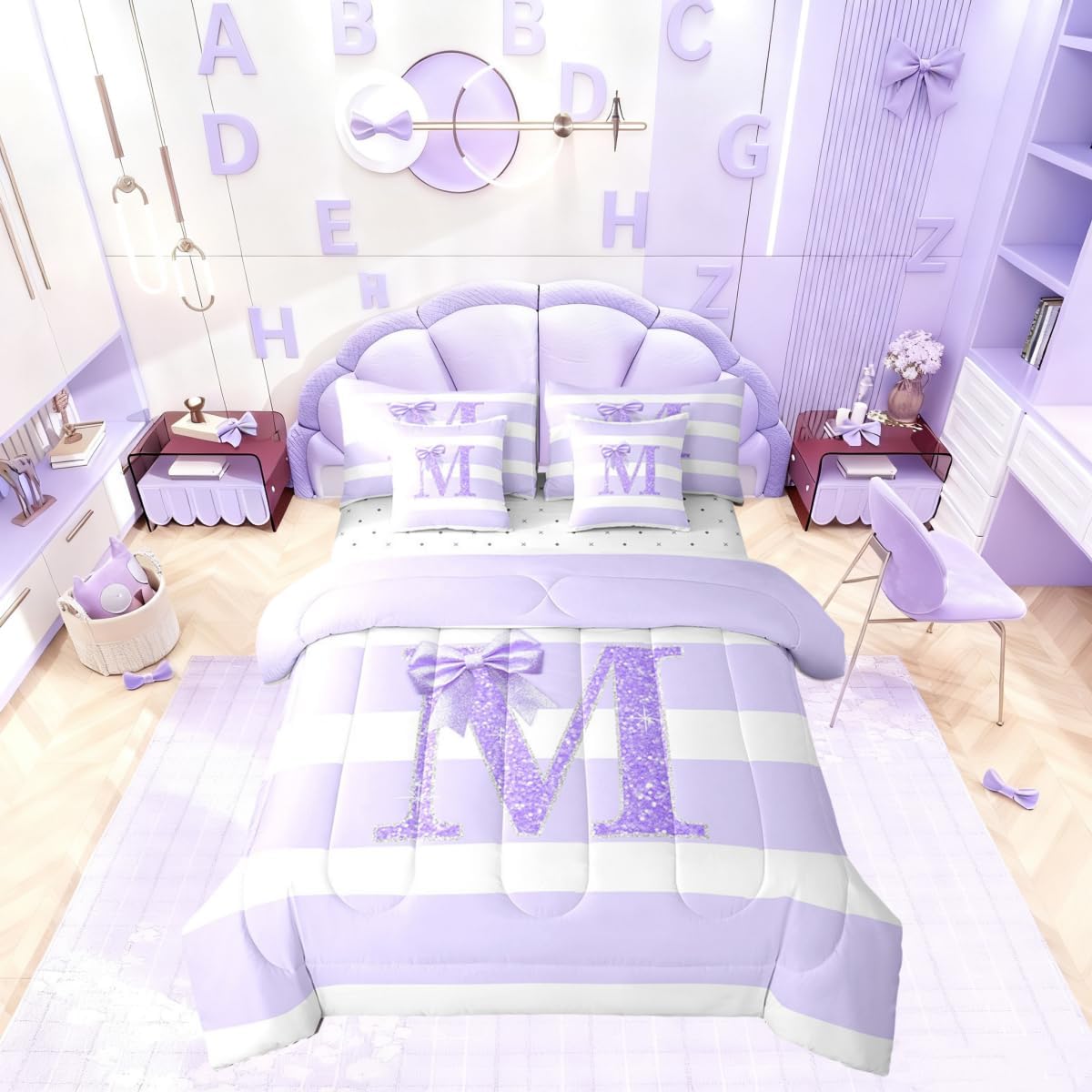 Erosebridal Monogram Letter M Twin Comforter Set Kids Purple Bow Initial Letter 7 Piece Bedding Set Modern Aesthetic Stripes Bed in A Bag for Girls Teens Women Bedroom Kawaii Glitter Bowknot Bed Sets