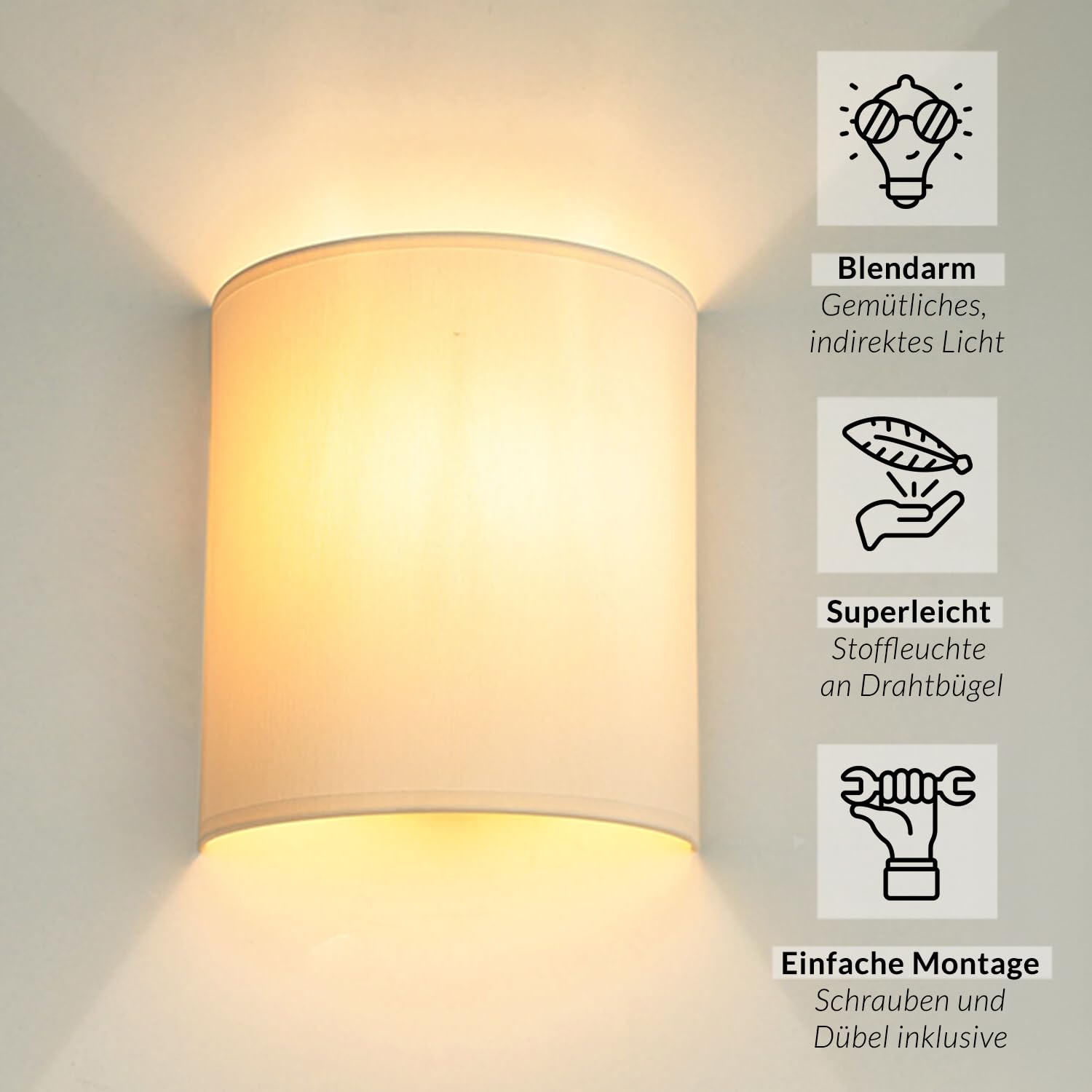 Licht-Erlebnisse Wandleuchte Weiß Creme, Stoff Lampenschirm, Wandlampe E27, H:23 cm, Up Down Leuchte, blendarm, gemütlich, Wohnzimmer, Wandlampe Schlafzimmer