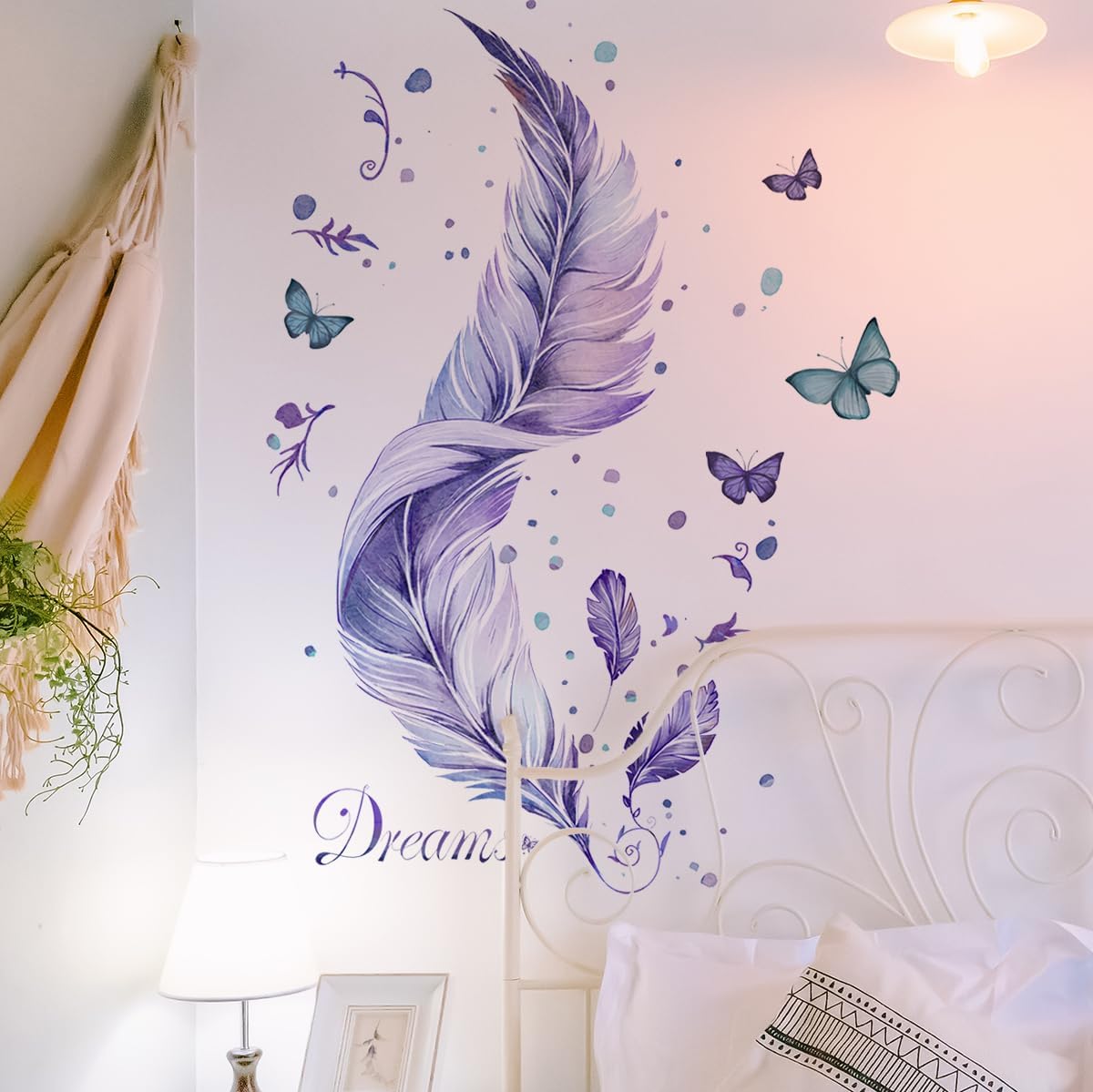 Runtoo Feathers Wall Decal Purple Butterfly Wall Art Stickers Feather Window Clings Bedroom Living Room Home Decor