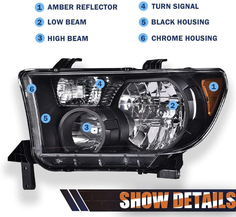 Headlights Compatible with 2008~2017 To.yo.ta Sequoia Limite,Platinum,SR5 Headlamps Compatible with 2007~2013 To.yo.ta Tundra Base,Limited,SR5, Platinum Driver Side+Passenger Side