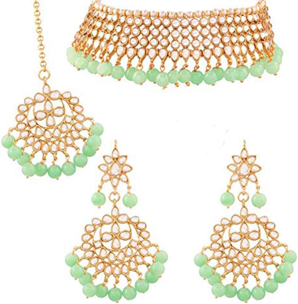 Faux Kundan Beaded Necklace Earrings Maang Tikka Indian Bollywood Ethnic Jewelry Set for Women