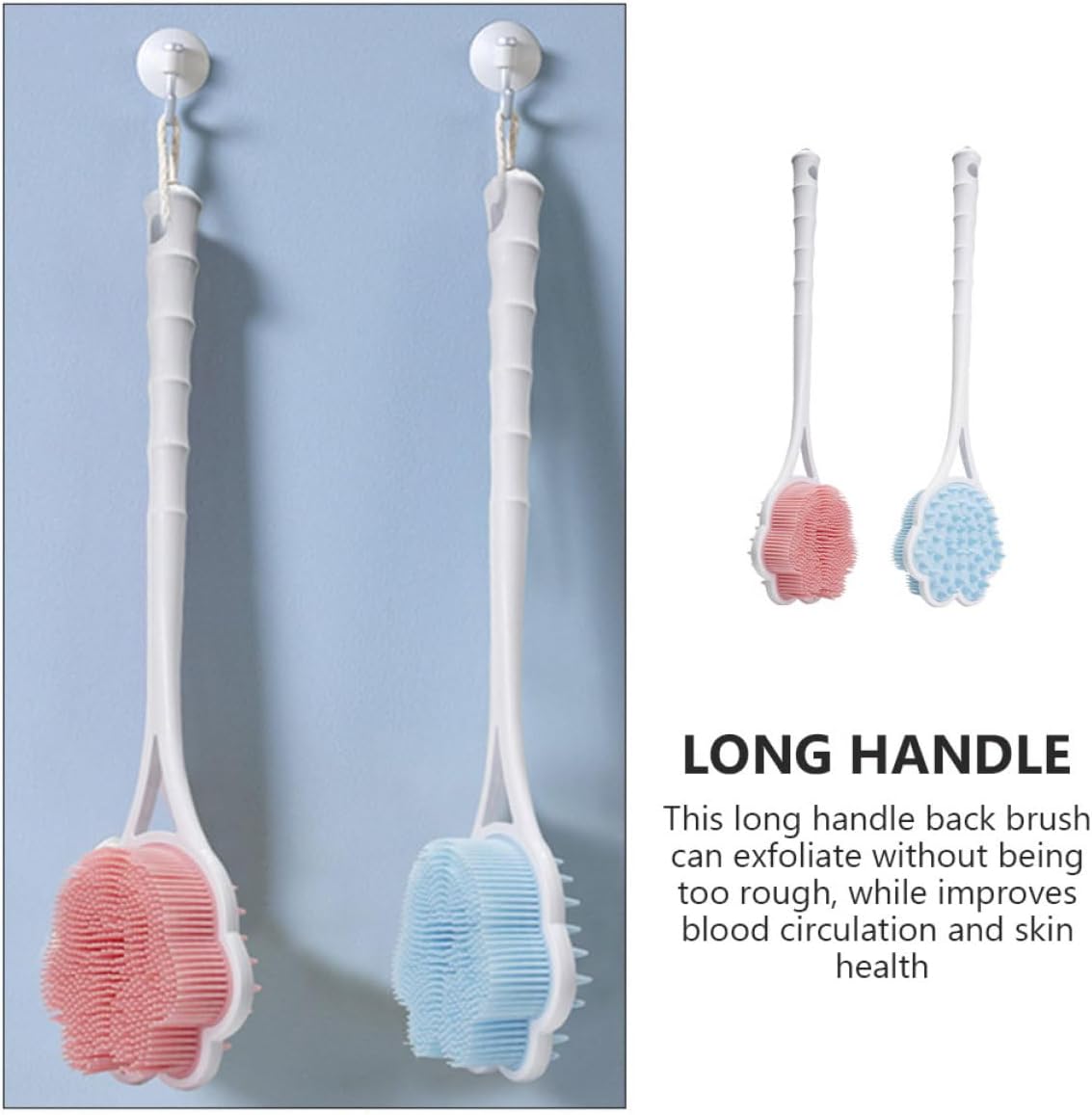 Long Handle Silicone Back Scrubber 2pcs with Soft Bristles and Massage Beads, Non-Painful Bath Brush for Shower, Lightweight Body Scrubbing Brush for Men and Elderly