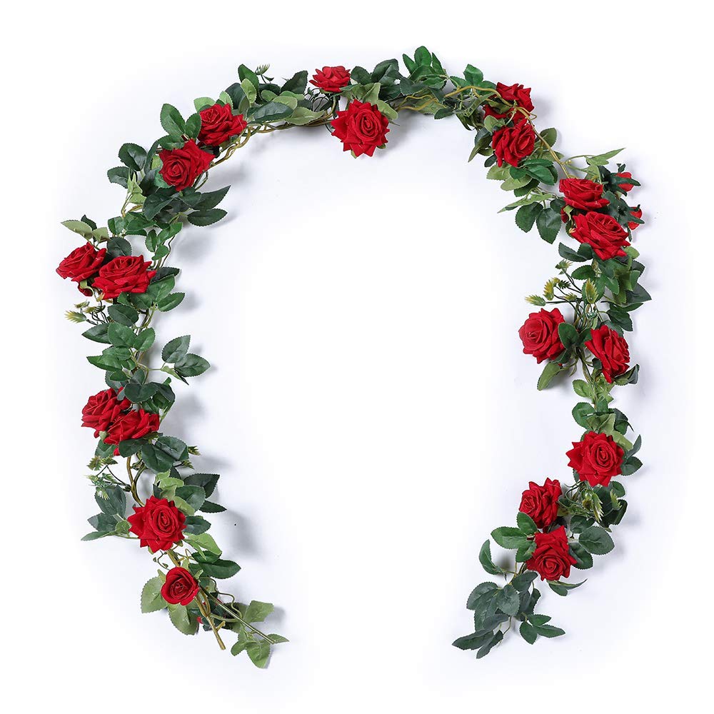 Floweroyal 2pcs Artificial Rose Vines 5.5ft Velvet Flowers for Garland Hanging and Wedding Decor (Red)