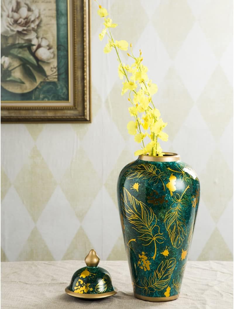 Green Ginger Jar With Gold Trim,Gold Feather Porcelain Ginger Jar Vase Temple Jar With Lid Decor, Ceramic Decorative Jars for Office, Table, Living Room, Bookshelf A (B) (A)