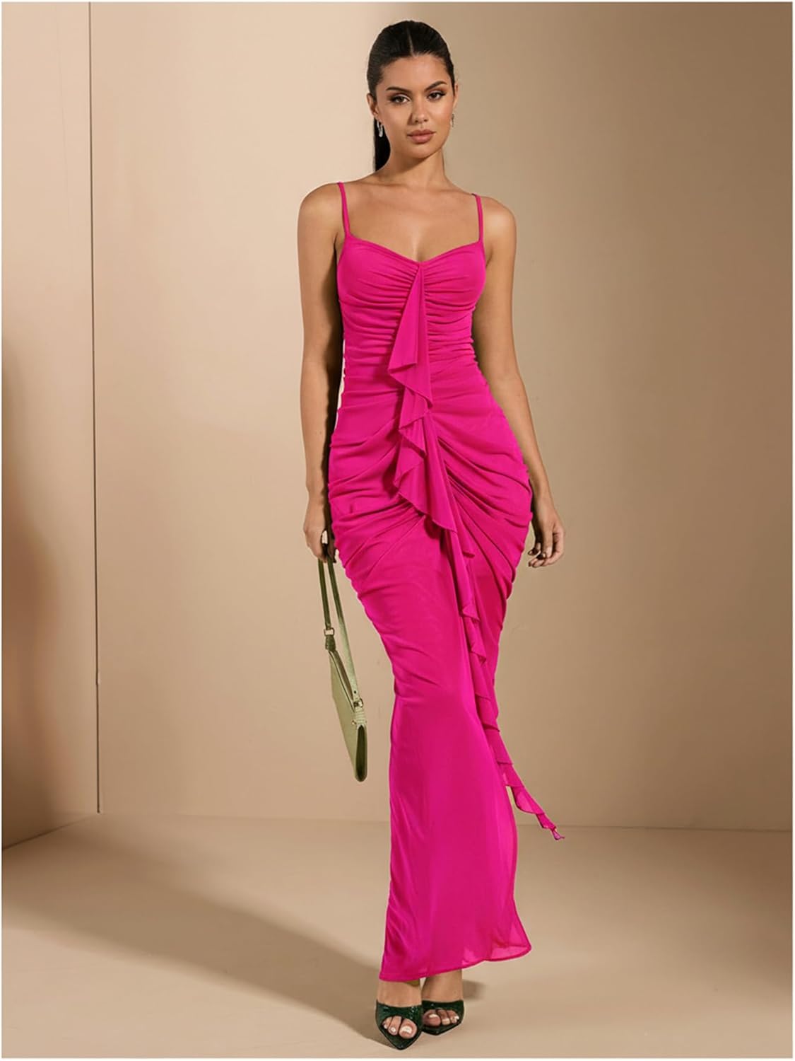 Floerns Women's Ruffle Ruched Cami Dress Draped Split Elegant Bodycon Maxi Dresses - Image 5