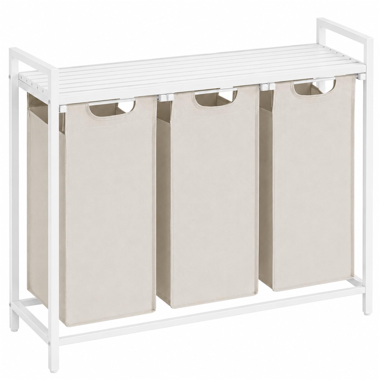 Wäschesammler 3 Fächer 114 L, Wäschekorb mit Ablage, 3 x 38 L, Sortierkorb aus Stoff, MDF und Metall, Weiß mit beigen Fächern, 92,5 x 33 x 71 cm