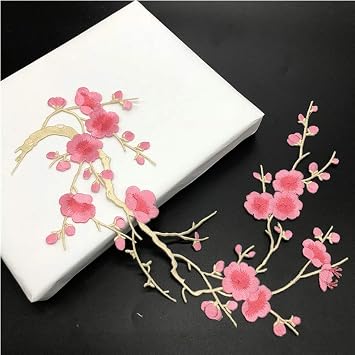 FJTANG 1pcs Plum Blossom Flower Applique Clothing Embroidery Patch Fabric Sticker Iron On Patch Craft Sewing Repair Embroidered, J01, Bud Green, 27 Pink