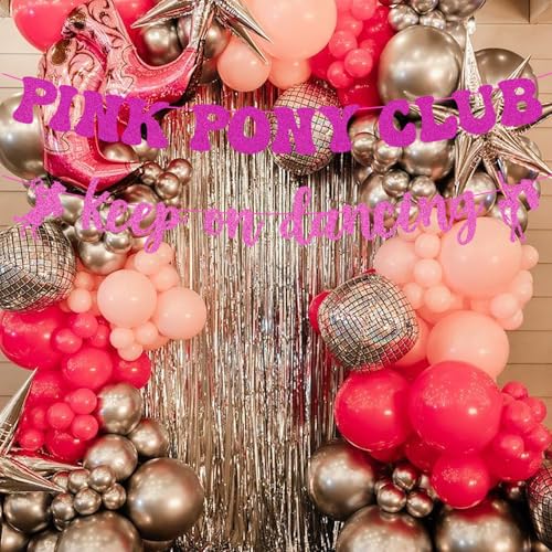 Image of Glitter Pink Pony Club Party Banner, Keep On Dancing Disco Bachelorette Decorations, Horse Theme Birthday Party Sign Banner Background, Western Rodeo Cowgirl Let's Go Girls Party Supplies