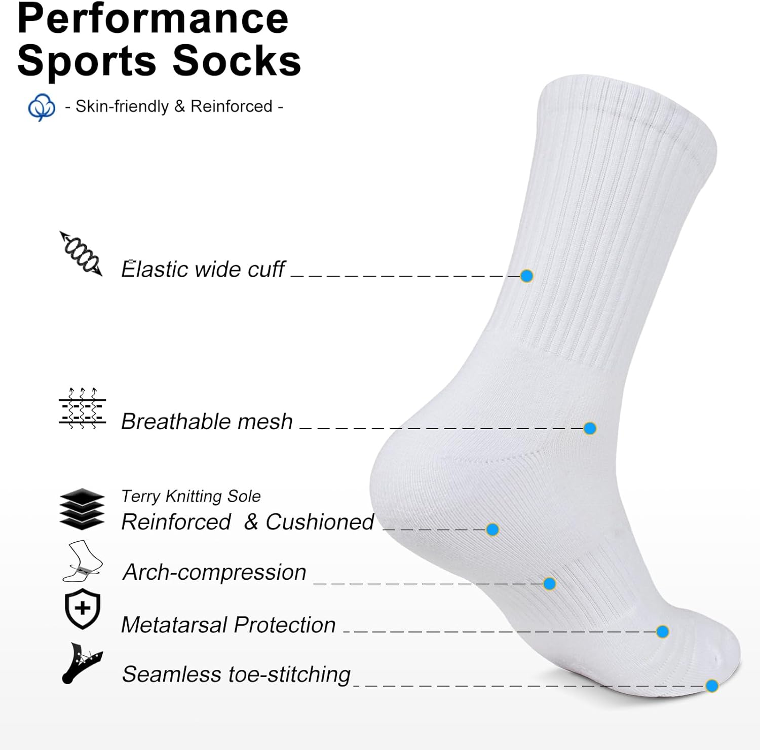 Men Athletic Socks 13-16 Women Cotton Socks Sports Training Running Basketball Tennis Hiking Reinforced Cushioned White XL 6 pairs
