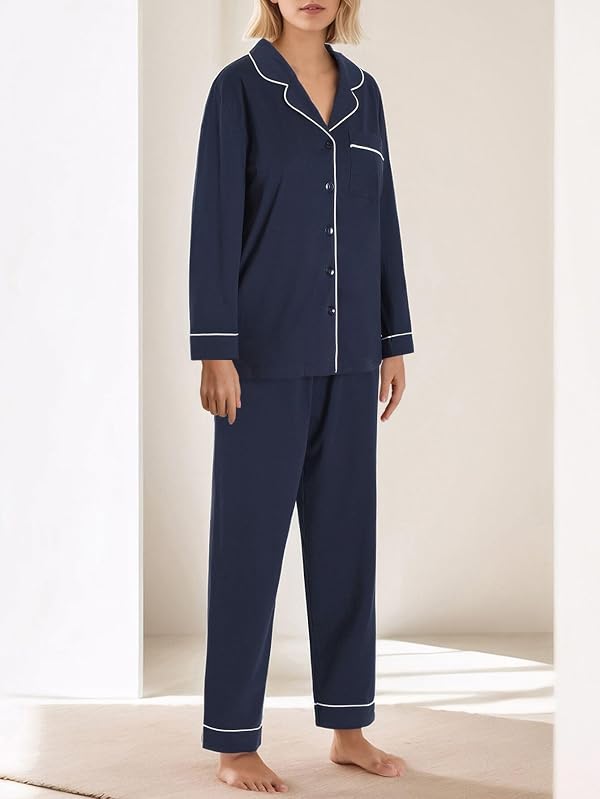 Latuza Women's Petite Size Button Down Pajamas Set Long Sleeve M Navy by Latuza - Image 2