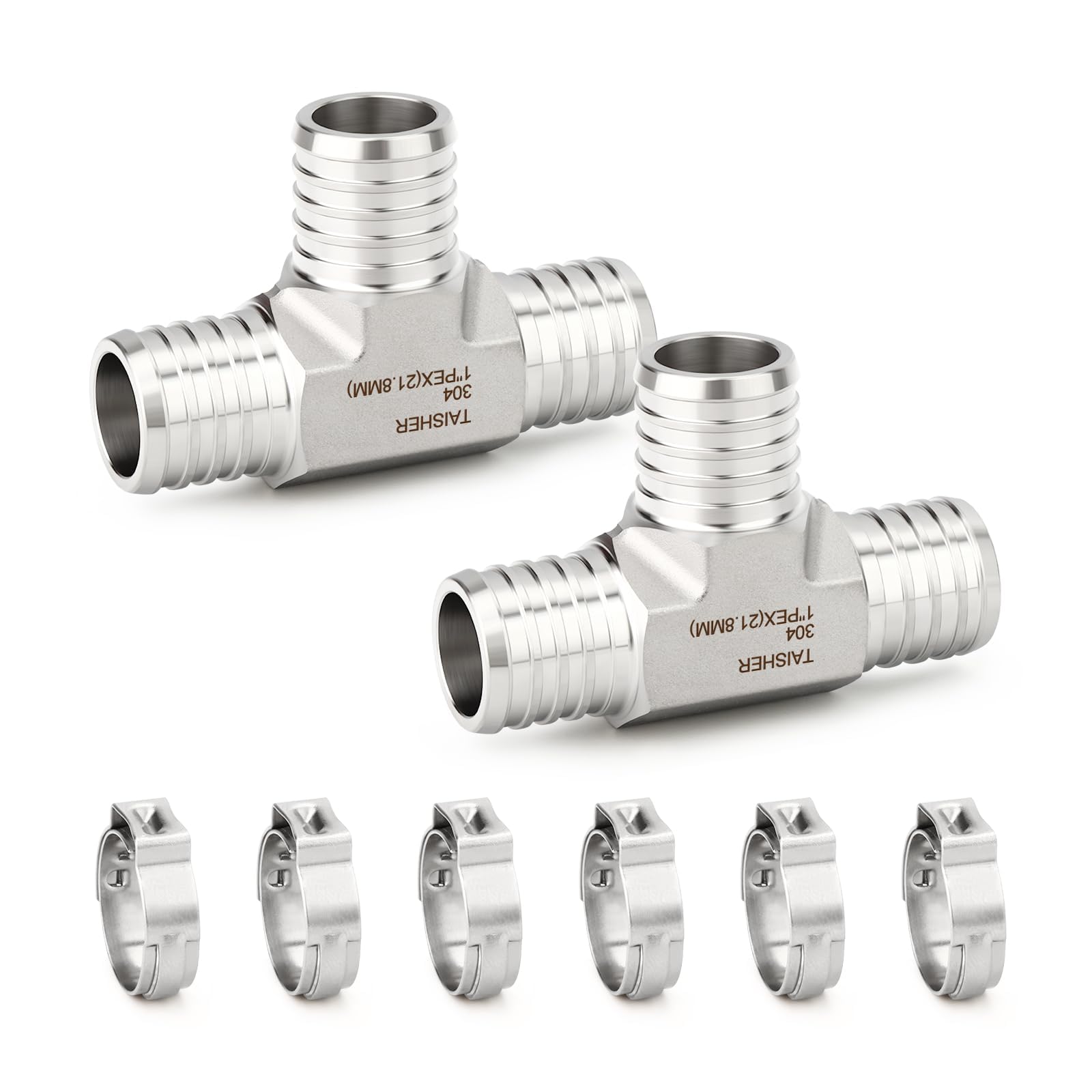 TAISHER 2 piezas 304 SS de 1 pulgada PEX de ajuste en T, divisor de 3 vías con 6 abrazaderas de manguera para líneas de combustible, aire, agua y aceite