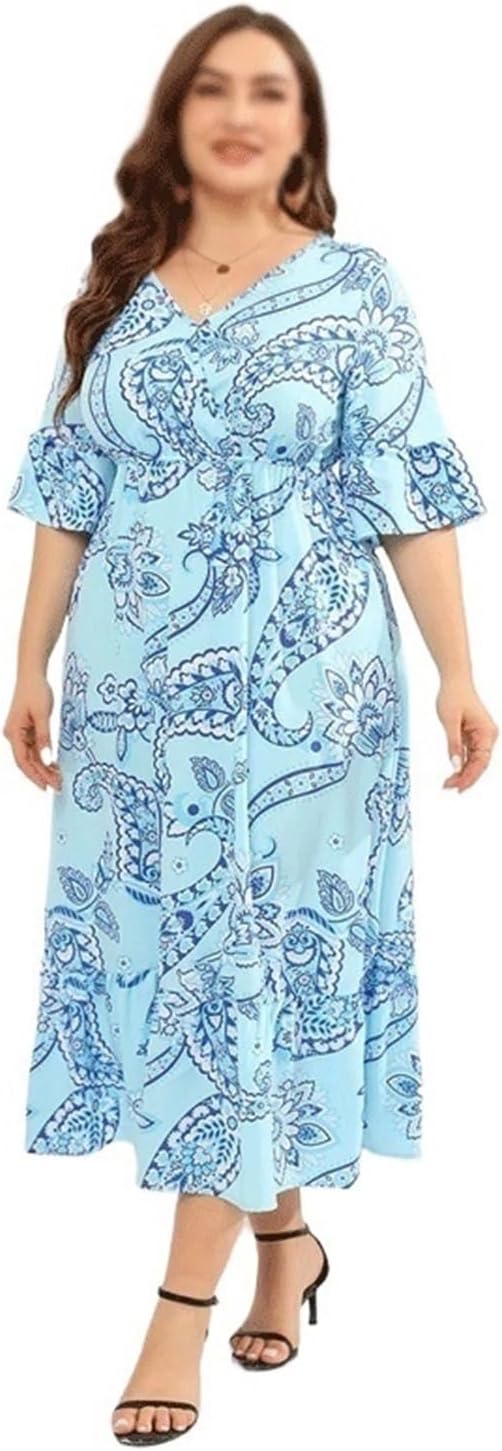 JSEIAJB Women V Neck Half Sleeve Floral Print Casual Long Dress Women Clothing