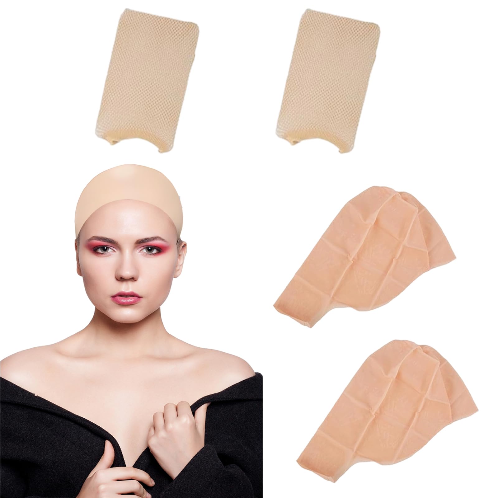 Bald Cap, Halloween Costumes, 4 PCS Adult Bald Caps Set including Hair Nets, Realistic Skin Color Latex Bald Head Wig
