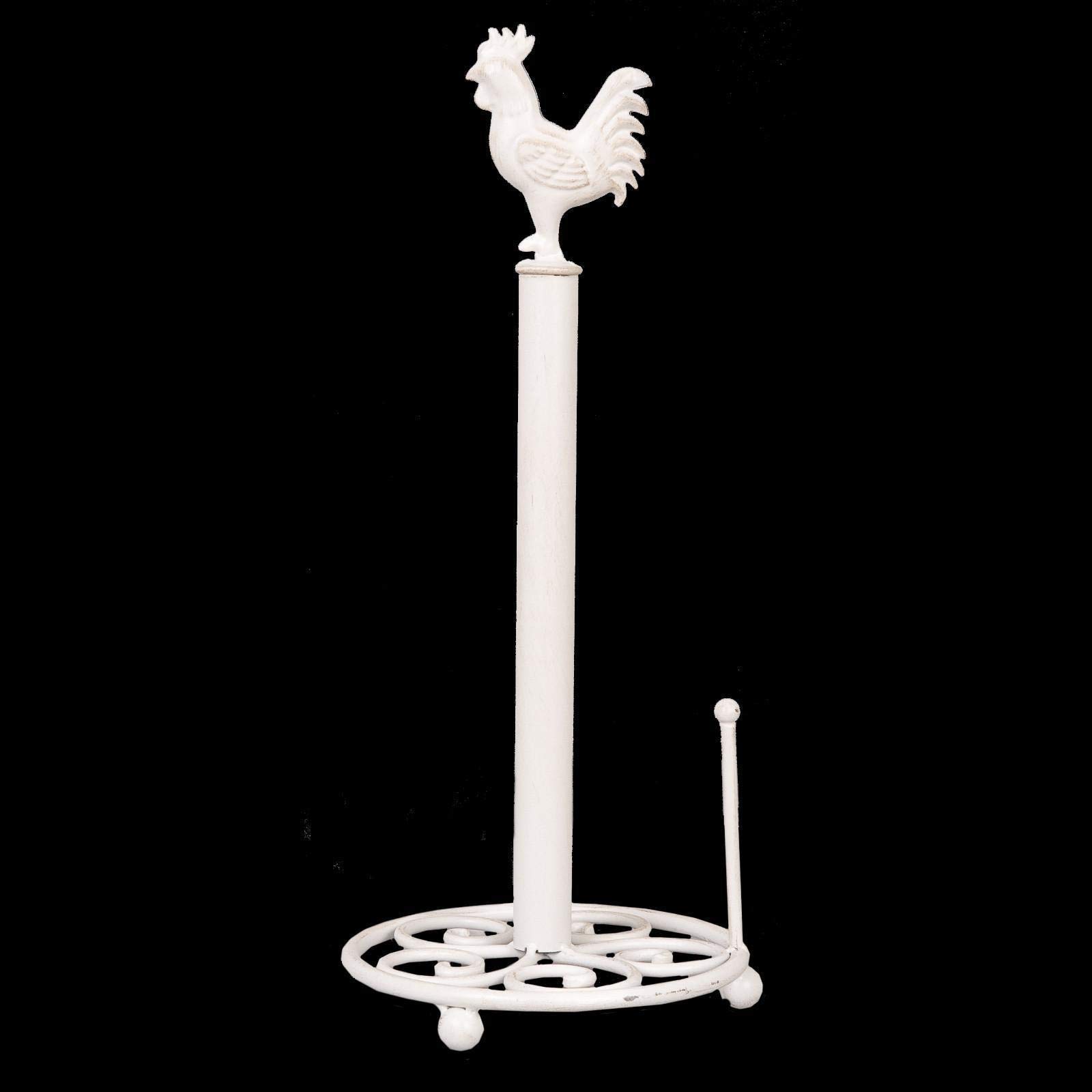 Shabby Chic Style White Iron Kitchen Roll Holder Paper Towel Pole w Cockerel