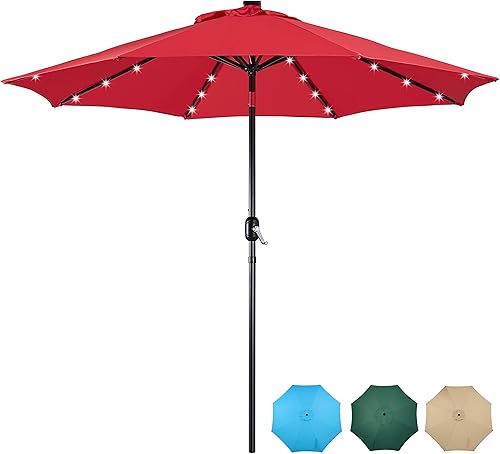 Yaheetech Sombrilla solar de 9 pies para patio, 32 luces LED, 8 varillas con botón de inclinación y sistema de elevación de manivela para jardín,
