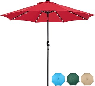YAHEETECH 9FT Patio Umbrella Solar Market Table Umbrella 32 LED Lighted Outdoor Offset Umbrella 8 Ribs with Push Button Tilt & Crank Lift System for Garden/Lawn/Deck/Backyard/Pool,Red