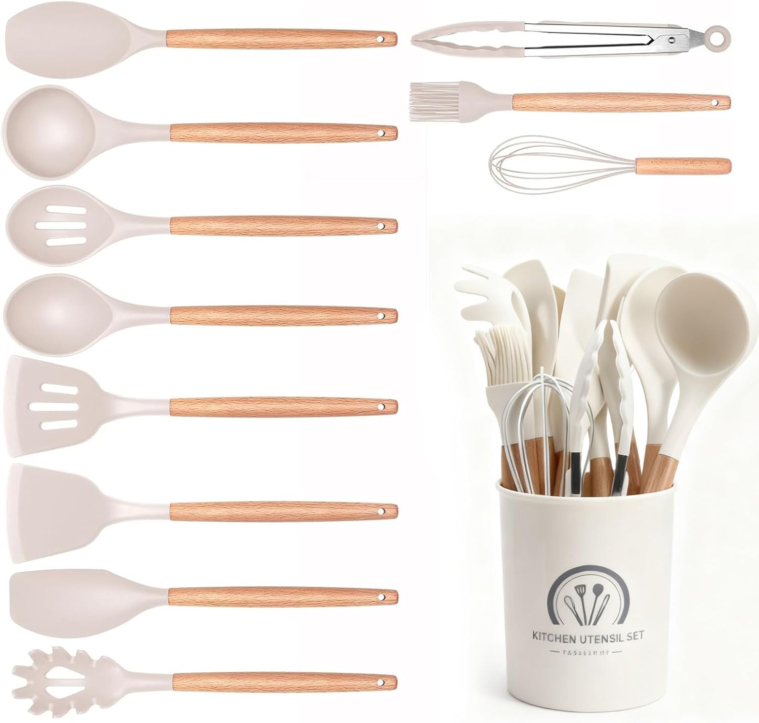 12 Piezas Utensilios Cocina Silicona con Mango Madera, Juego Utensilios Antiadherentes, Herramientas Resistentes con Espátula/Cucharas, Accesorios Cocina para Mezclar, Servir y Freír