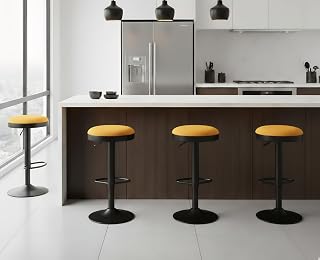Modern Swivel Bar Stools Set of 4 Adjustable Counter Height Backless Barstools with Metal Base Fabric Upholstered Round Bar Stool Chairs for Kitchen Island/Pub/Breakfast Bar, Yellow