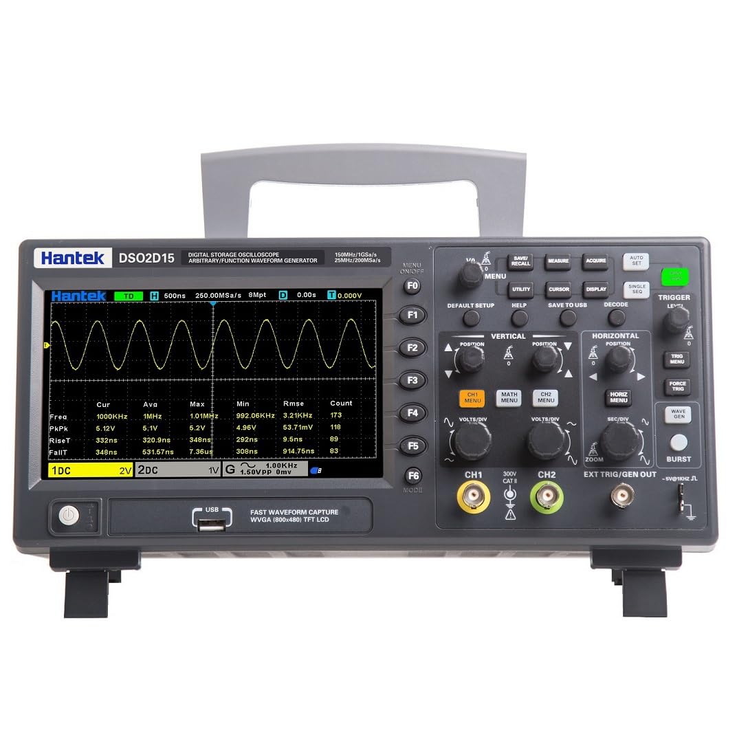Hantek DSO2D15 Digitaloszilloskop 150 MHz, 2 Kanal mit 25 MHz Signalgenerator – 1 GSa/s, 8M Punkte Speichertiefe, 14 Triggerarten, Bus-Dekodierung RS232/I2C/SPI/CAN/LIN, 32 Messfunktionen, SCPI