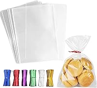 Vista 10 de 50 bolsas de celofán transparente de 8 x 12 pulgadas, bolsas de celofán de plástico transparente con 6 lazos de colores surtidos para envolver