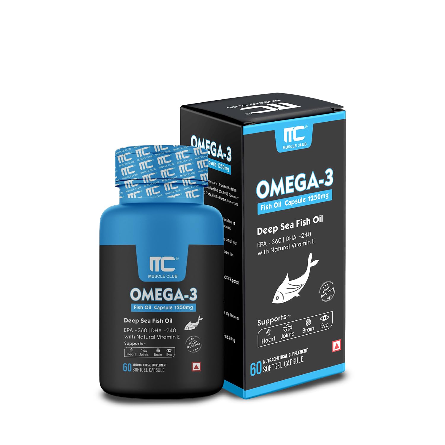 Muscle Club Omega-3 Fish Oil Capsules 1250mg - Deep Sea Fish Oil with EPA 360mg & DHA 240mg, Natural Vitamin E, High Potency, 60 Softgels (B0D9BD8YRB) Amazon Price History, Amazon Price Tracker