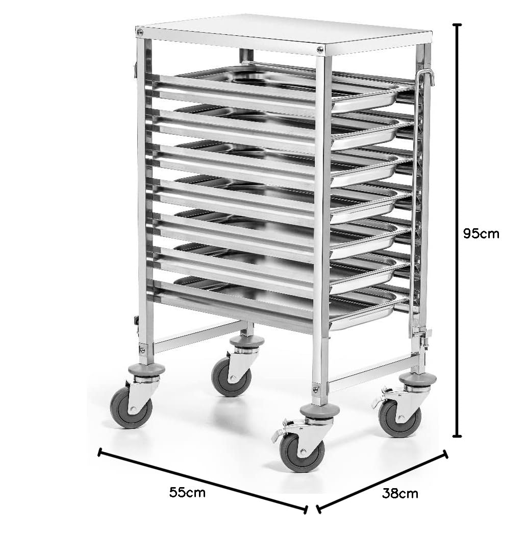 Carro de Servir de Acero Inoxidable | para 7 bandejas GN 1/1 | Dimensiones 38x55x95 cm | Carro de Transporte | Carro de Cocina con Ruedas | Estructura de Acero para Restaurante, Hotel