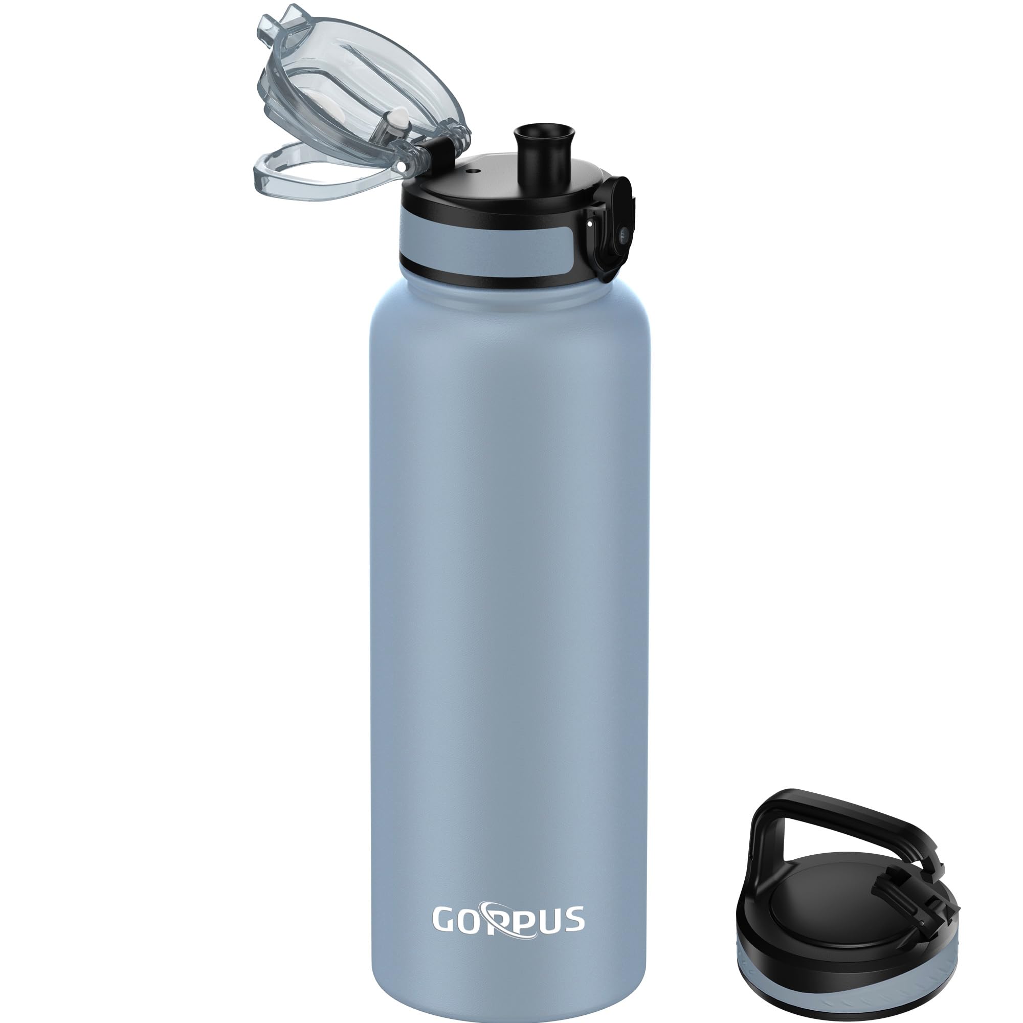 GOPPUS 1.2L/40oz Stainless Water Bottle (No Straw) with Screw Lid Double Wall Insulated Bottles with Strap Large Vacuum Thermal Flask Leakproof Keep Cold Drinks Bottles with Flip Top Lid BPA Free